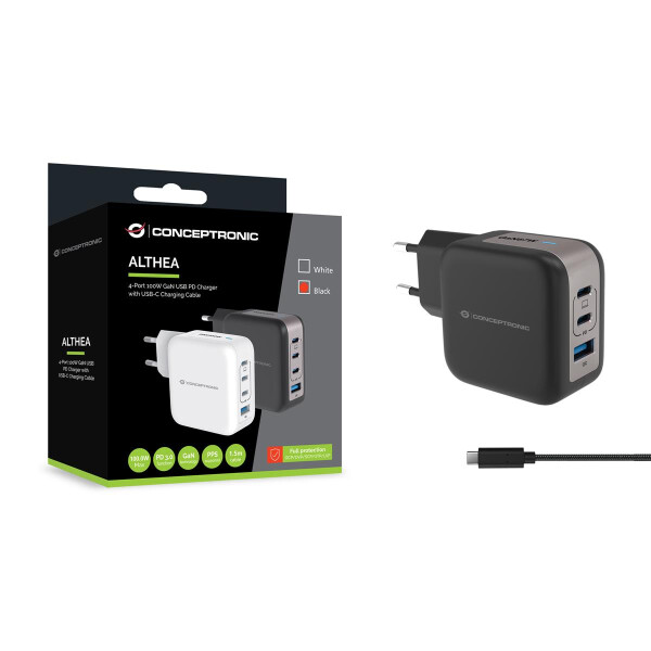 Conceptronic 4-Port 100W GaN USB-PD-Ladegerät mit USB-C-Ladekabel, USB-C x 3, USB-A x 1, QC 3.0, PPS, Drinnen, AC, 20 V, 1,5 m, Schwarz