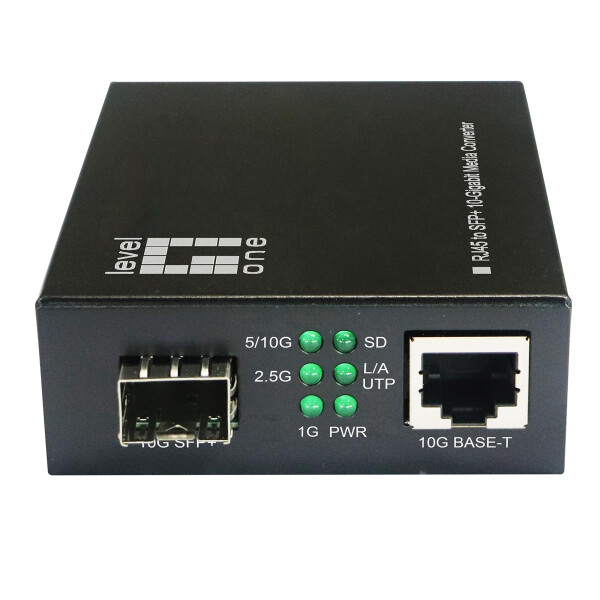 LevelOne 10-Gigabit RJ45 zu SFP+ Mediakonverter, 10000 Mbit/s, 10GBase-T, IEEE 802.3ab, IEEE 802.3ae, IEEE 802.3an, IEEE 802.3az, IEEE 802.3bz, IEEE 802.3u, IEEE 802.3z, 2.5 Gigabit Ethernet, 5 Gigabit Ethernet, 10 Gigabit Ethernet, Gigabit Ethernet, 1000