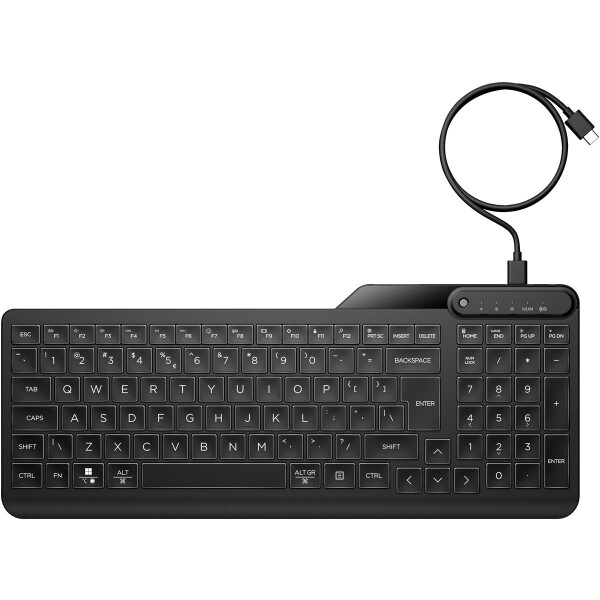 HP 405 Multi-Device Backlit Wired Keyboard, Volle Größe (100%), Kabelgebunden, USB, Membran Key Switch, QWERTY, Schwarz