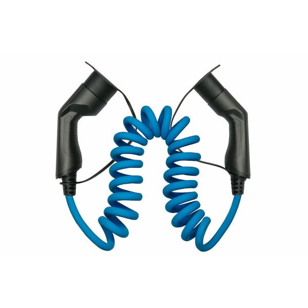 Good Connections Kabelmeister E-Auto-Ladekabel Mode 3, Typ 2 Stecker an Buchse, 3-phasig, 32 A, 22 kW, Spiralkabel, blau, 5m, Blau, Typ 2, Typ 2, Schwarz, Abgewinkelt, Abgewinkelt