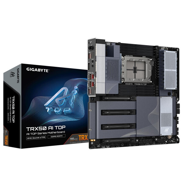 Gigabyte TRX50 AI TOP Motherboard - Unterstützt AMD Ryzen PRO 7000 CPUs, 16+8+4 Phasen Digital VRM, bis zu 5200MHz DDR5 (OC), 4xPCIe 5.0 + 4xPCIe 4.0 M.2, Wi-Fi 7, 10GbE LAN, USB 3.2 Gen 2x2, AMD, Sockel AM4, 3rd Generation AMD Ryzen™ 3, 3rd Generation AM