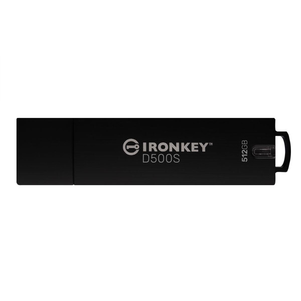 Kingston IronKey 512GB D500S FIPS 140-3 Lvl 3 (ausstehend) AES-256, 512 GB, USB Typ-A, 3.2 Gen 1 (3.1 Gen 1), 310 MB/s, Kappe, Schwarz