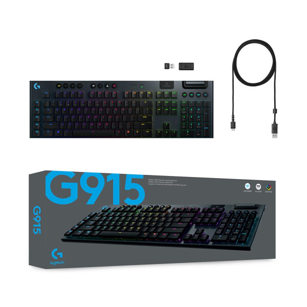 Logitech G G915, Kabellos, RF Wireless + Bluetooth, Mechanischer Switch, QWERTY, RGB-LED, Karbon