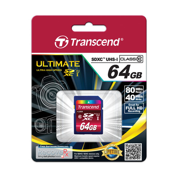 Transcend TS64GSDXC10U1, 64 GB, SDXC, Klasse 10, MLC, 90 MB/s, Class 1 (U1)