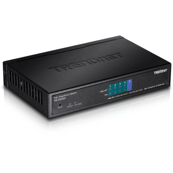 TRENDnet TPE-TG50ES, Managed, Gigabit Ethernet (10/100/1000), Vollduplex, Power over Ethernet (PoE), Wandmontage