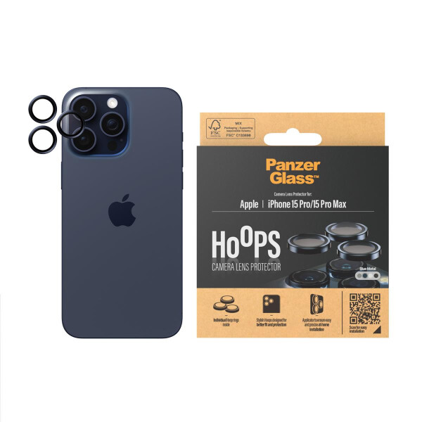 PanzerGlass ® Hoops™ Kameraschutz iPhone 15 Pro | 15 Pro Max | Blaues Metall, Apple, Apple - iPhone 15 Pro, Apple - iPhone 15 Pro Max, Trockene Anwendung, Kratzresistent, Schockresistent, Transparent, 1 Stück(e)