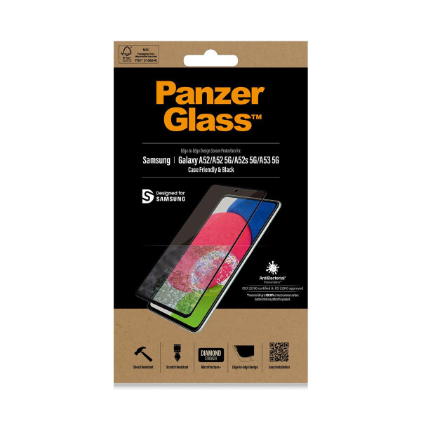 PanzerGlass ® Displayschutz Samsung Galaxy A52 | A52 5G | A52s 5G | A53 5G, Samsung, Samsung - Galaxy A52, Samsung - Galaxy A52 5G, Trockene Anwendung, Kratzresistent, Schockresistent, Antibakteriell, Transparent, 1 Stück(e)