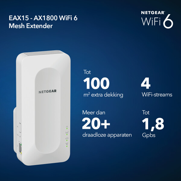 Netgear EAX15, Netzwerk-Repeater, 10,100,1000 Mbit/s, Intern, IEEE 802.11a, IEEE 802.11ac, IEEE 802.11ax, IEEE 802.11b, IEEE 802.11g, IEEE 802.11i, IEEE..., 802.11a, 802.11b, 802.11g, Wi-Fi 4 (802.11n), Wi-Fi 5 (802.11ac), Wi-Fi 6 (802.11ax), Dual-Band (2