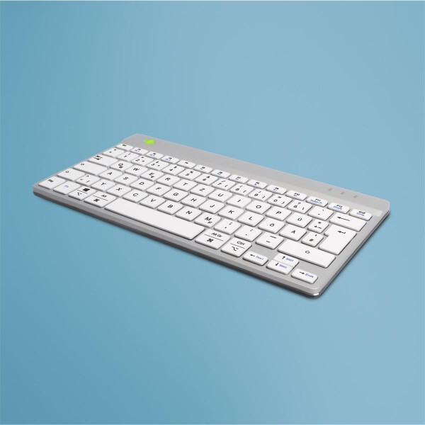 R-Go Tools Ergonomische Tastatur R-Go Compact Break, kompakte Tastatur mit Pausensoftware, QWERTZ (DE), Bluetooth, Weiß, Mini, Kabellos, Bluetooth, Scherenschalter, QWERTZ, Weiß