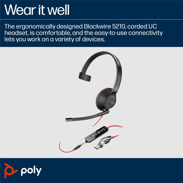 HP POLY Blackwire 5210 Monaural USB-C-Headset +3,5-mm-Stecker +USB-C/A-Adapter (Packungseinheit), Kabelgebunden, Büro/Callcenter, Kopfhörer, Schwarz