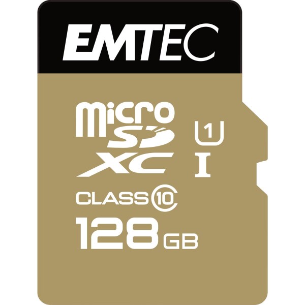 EMTEC microSD Class10 Gold+ 128GB, 128 GB, MicroSDXC, Klasse 10, 85 MB/s, 21 MB/s, Schwarz, Gold
