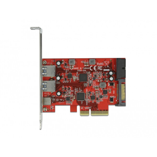 Delock PCI Express x4 Karte zu 1 x extern USB Type-C Buchse + 2 x extern USB Typ-A Buchse SuperSpeed USB 10 Gbps + 1 x intern USB 5 Gbps Pfostenstecker, PCIe, USB 3.2 Gen 1 (3.1 Gen 1), USB 3.2 Gen 2 (3.1 Gen 2), PCIe 3.0, 10 Gbit/s, Windows 10, Windows 1