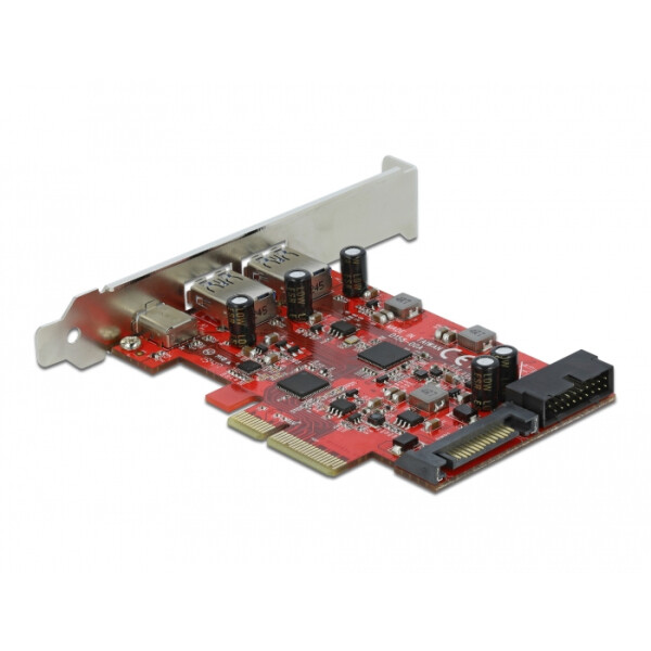 Delock PCI Express x4 Karte zu 1 x extern USB Type-C Buchse + 2 x extern USB Typ-A Buchse SuperSpeed USB 10 Gbps + 1 x intern USB 5 Gbps Pfostenstecker, PCIe, USB 3.2 Gen 1 (3.1 Gen 1), USB 3.2 Gen 2 (3.1 Gen 2), PCIe 3.0, 10 Gbit/s, Windows 10, Windows 1