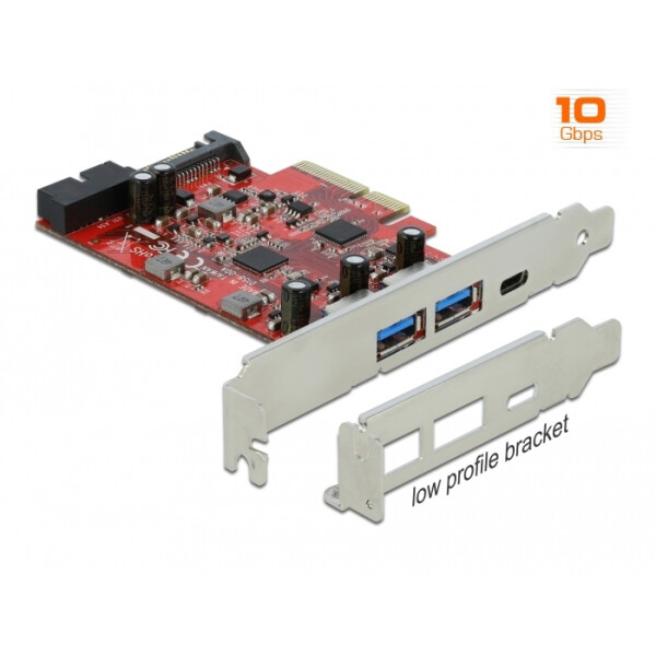 Delock PCI Express x4 Karte zu 1 x extern USB Type-C Buchse + 2 x extern USB Typ-A Buchse SuperSpeed USB 10 Gbps + 1 x intern USB 5 Gbps Pfostenstecker, PCIe, USB 3.2 Gen 1 (3.1 Gen 1), USB 3.2 Gen 2 (3.1 Gen 2), PCIe 3.0, 10 Gbit/s, Windows 10, Windows 1