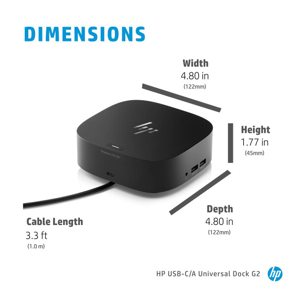 HP USB-C/A Universal Dockingstation G2, Kabelgebunden, USB 3.2 Gen 1 (3.1 Gen 1) Type-C, Schwarz, HP ProBook 450 G7 Notebook PC; HP ProBook 440 G7 Notebook PC; HP ProBook 430 G7 Notebook PC; HP..., Business, USB