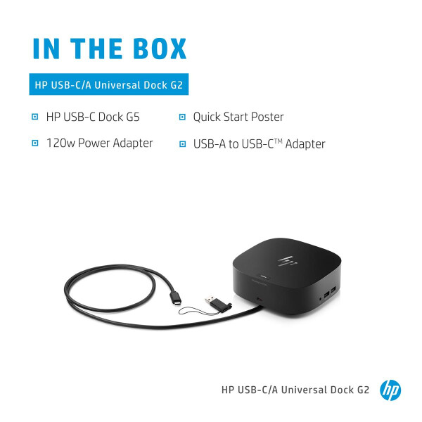 HP USB-C/A Universal Dockingstation G2, Kabelgebunden, USB 3.2 Gen 1 (3.1 Gen 1) Type-C, Schwarz, HP ProBook 450 G7 Notebook PC; HP ProBook 440 G7 Notebook PC; HP ProBook 430 G7 Notebook PC; HP..., Business, USB