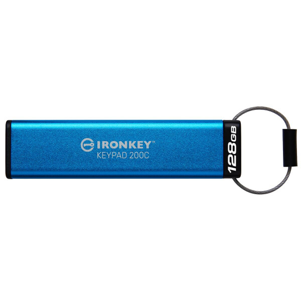 Kingston IronKey 128GB USB-C Keypad 200C, FIPS 140-3 Lvl 3 (ausstehend) AES-256, 128 GB, USB Typ-C, 3.2 Gen 1 (3.1 Gen 1), 280 MB/s, Schutzhülle, Blau