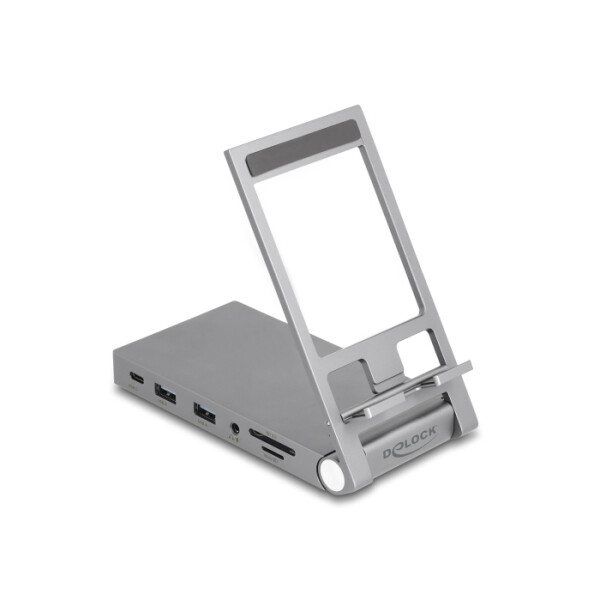 Delock Tablet und Notebook Dockingstation 4K mit integrierter Halterung - HDMI / USB / Hub / SD / Micro SD / PD 3.0 - klappbar, Kabelgebunden, USB 3.2 Gen 1 (3.1 Gen 1) Type-C, 60 W, Grau, MicroSD (TransFlash), SD, 3840 x 2160 Pixel