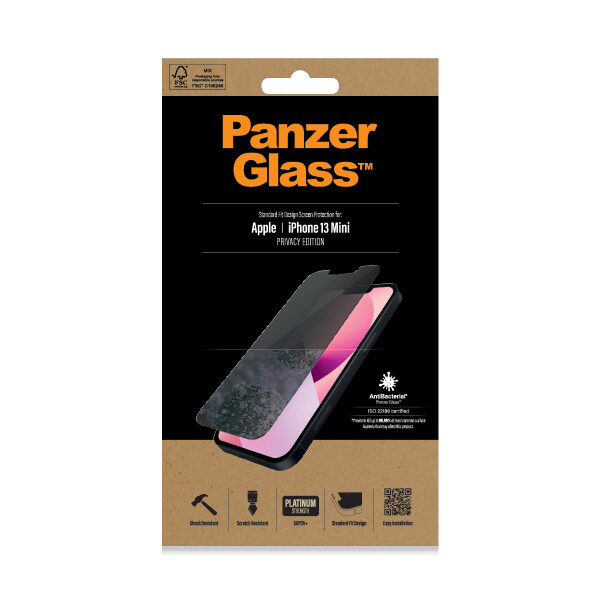 PanzerGlass ® Privacy Displayschutz iPhone 13 Mini | Standard Fit, Apple, Apple - iPhone 13 Mini, Trockene Anwendung, Kratzresistent, Schockresistent, Antibakteriell, Transparent, 1 Stück(e)