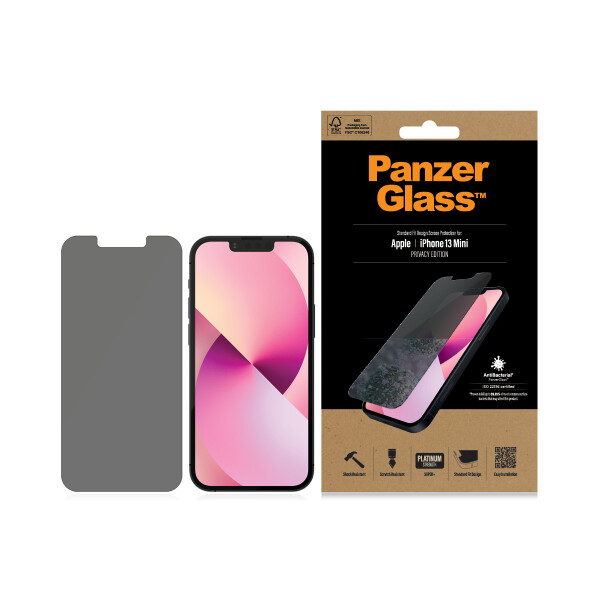 PanzerGlass ® Privacy Displayschutz iPhone 13 Mini | Standard Fit, Apple, Apple - iPhone 13 Mini, Trockene Anwendung, Kratzresistent, Schockresistent, Antibakteriell, Transparent, 1 Stück(e)