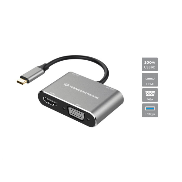 Conceptronic DONN16G 4-in-1 USB 3.2 Gen 1 Dockingstation, HDMI, VGA, USB-A 3.0, 100W USB PD, Kabelgebunden, USB 3.2 Gen 1 (3.1 Gen 1) Type-C, 100 W, Schwarz, Silber, 4K Ultra HD, 4096 x 2160 Pixel