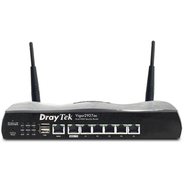 Draytek Vigor2927ac, Wi-Fi 5 (802.11ac), Dual-Band (2,4 GHz/5 GHz), Ethernet/LAN, Schwarz, Tabletop-Router