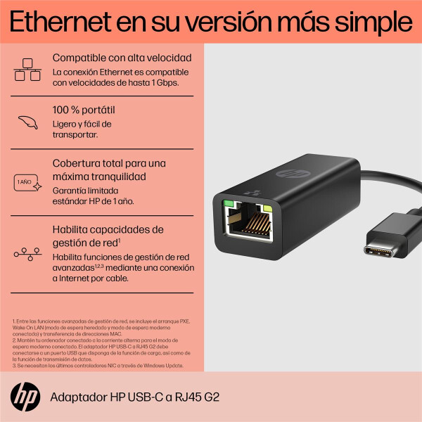 HP USB-C-an-RJ45 G2-Adapter, Kabelgebunden, USB Typ-C, Schwarz, Haus, Windows 10, Windows 11, ChromeOS