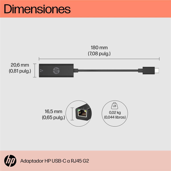 HP USB-C-an-RJ45 G2-Adapter, Kabelgebunden, USB Typ-C, Schwarz, Haus, Windows 10, Windows 11, ChromeOS