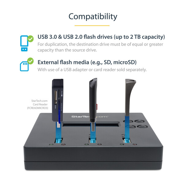 StarTech.com 1:2 USB Stick Klonstation und Löscher, Kopierer für mehrere USB Laufwerke, System and File und Sector-by-Sector Kopieren, 1,5 GB/min, 3-Pass Löschen, LCD Display, USB-Flash-Drive-Duplikator, 2 Kopien, USB 2.0, USB Typ-A, Kopieren, Löschen, Bl