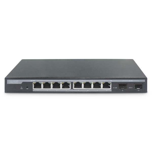 DIGITUS 8-Port Gigabit PoE Netzwerkswitch, Desktop, L2 managed, 2 Uplinkports, SFP, 86 W, af/at