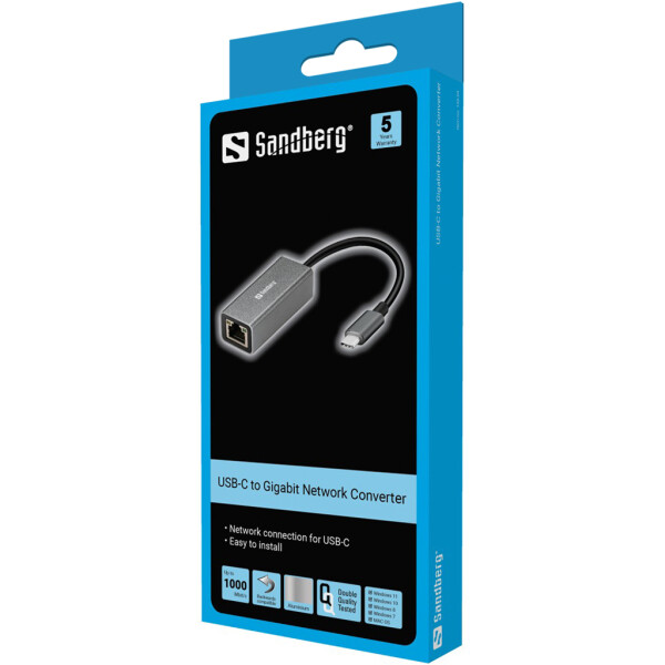 SANDBERG USB-C Gigabit Network Adapter, Kabelgebunden, USB Typ-C, USB, 5000 Mbit/s, Aluminium, Weiß