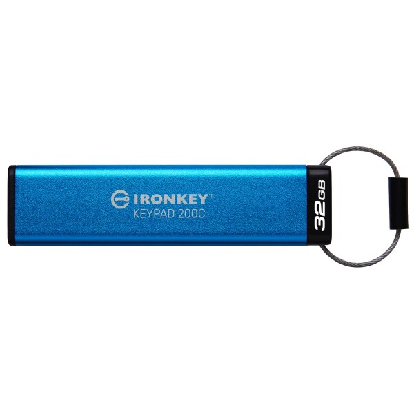 Kingston IronKey 32GB USB-C Keypad 200C, FIPS 140-3 Lvl 3 (ausstehend) AES256, 32 GB, USB Typ-C, 3.2 Gen 1 (3.1 Gen 1), 145 MB/s, Schutzhülle, Blau