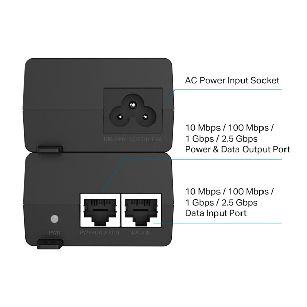 TP-LINK Omada POE260S, 2.5 Gigabit Ethernet, Schnelles Ethernet, Gigabit Ethernet, 10,100,1000,2500 Mbit/s, IEEE 802.3ab, IEEE 802.3af, IEEE 802.3at, IEEE 802.3bz, IEEE 802.3i, IEEE 802.3u, Schwarz, 100 m, 30 W