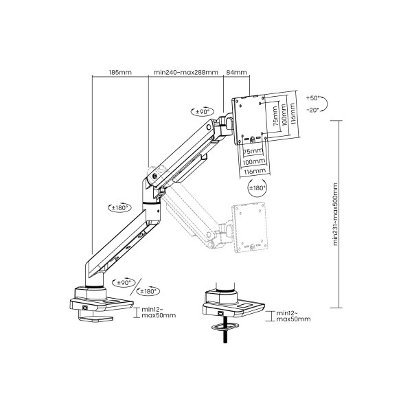 Equip 17"-49" Schwerlast-Monitor-Schreibtischhalterung, Schwarz, Klemme/Durchführung, 20 kg, 43,2 cm (17"), 124,5 cm (49"), 100 x 100 mm, Schwarz