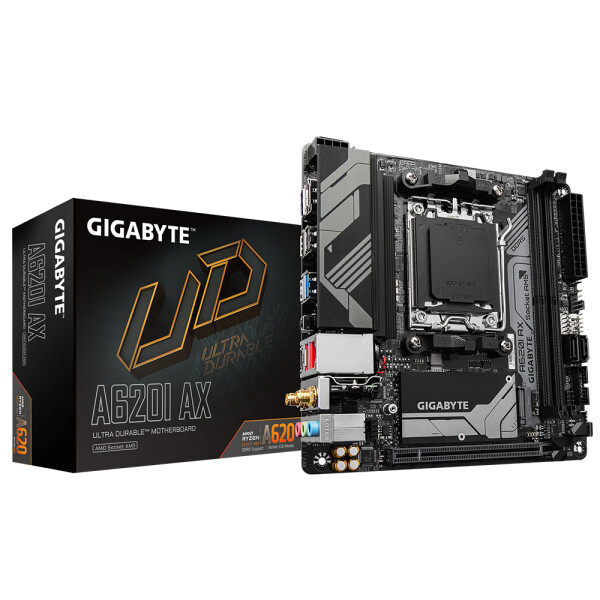 Gigabyte A620I AX Motherboard - Unterstützt AMD Ryzen 8000 CPUs - 5+2+1 Phasen Digital VRM - bis zu 6400MHz DDR5 (OC) - 1xPCIe 4.0 M.2 - Wi-Fi 6E - 2.5GbE LAN - USB 3.2 Gen 2 - AMD - Sockel AM5 - AMD Ryzen 7000 Series - Sockel AM5 - 96 GB - DDR5-SDRAM