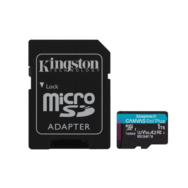 Kingston 1TB microSDXC Canvas Go Plus Gen4 200 MB/s A2 U3 V30-Karte + Adapter, 1 TB, MicroSD, Klasse 10, UHS-I, 200 MB/s, 160 MB/s