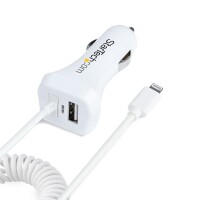 StarTech.com Zigarettenanzünder USB Ladegerät mit Lightning Spiralkabel - 1m Spiralkabel - 12W - 2 Port USB Auto Ladegerät Adapter für Handy und Tablet - Dual Kfz USB Schnellladegerät - Auto - Zigarettenanzünder - 5 V - 1 m - Weiß