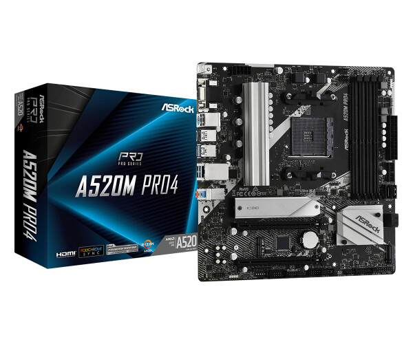 ASRock A520M Pro4, AMD, Sockel AM4, AMD Ryzen 3000 Series, DDR4-SDRAM, 64 GB, DIMM
