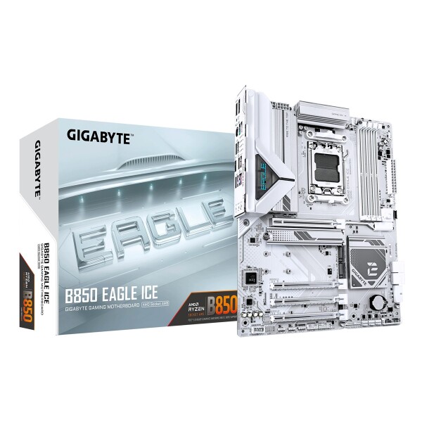 Gigabyte B850 EAGLE ICE Mainboard – AMD Ryzen 9000 Serien-Prozessoren, 8+2+2 Phasen Digital-VRM, bis zu 8200 MHz DDR5 (O.C), 1 x PCIe 5.0 M.2 + 2 x PCIe 4.0 M.2, 2.5 GbE LAN, USB 3.2 Gen 2, AMD, Sockel AM5, AMD Ryzen 7000 Series, AMD Ryzen 8000 Series, AM