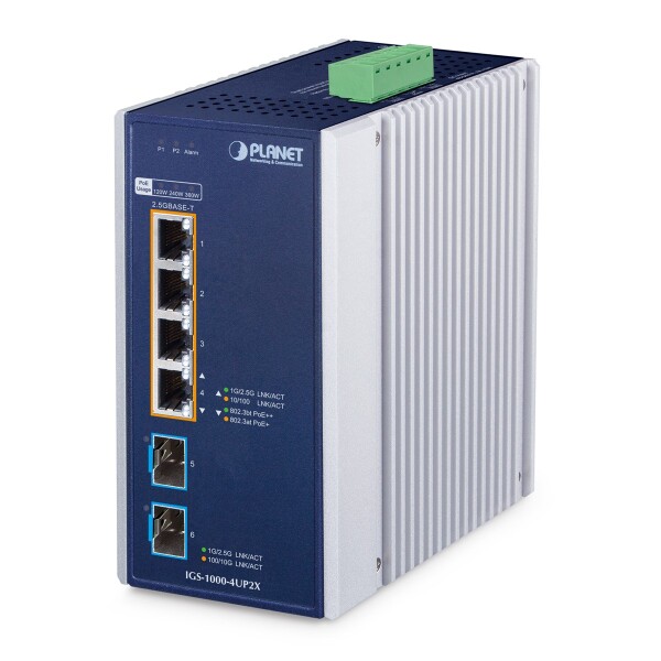 Planet IGS-1000-4UP2X, 2.5G Ethernet (100/1000/2500), Vollduplex, Power over Ethernet (PoE), Wandmontage