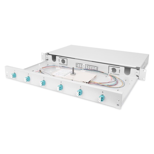 DIGITUS DN-96330/3 - LWL Spleißbox, 1HE, bestückt, 6x LC DX, OM3 inkl. Spleißkass., gefärbte Pigtails, Kupplungen