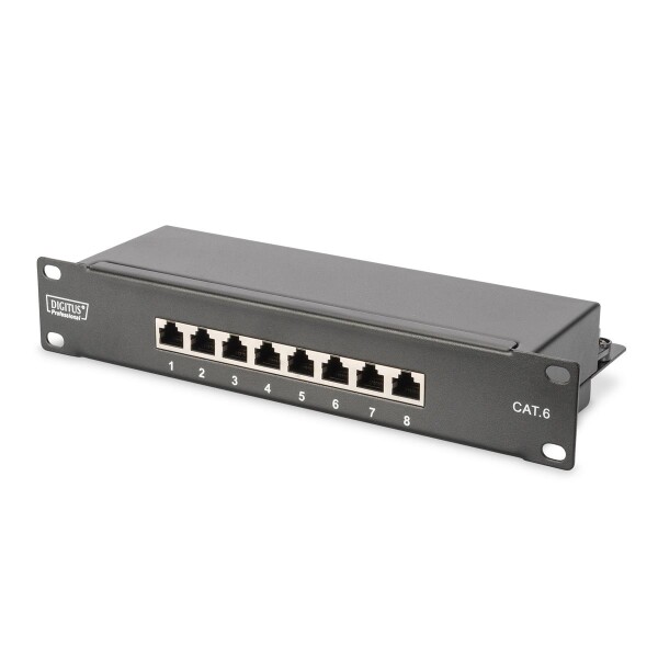 DIGITUS DN-91608S - CAT 6, Klasse E Patch Panel,geschirmt,8-Port RJ45 8P8C, LSA, 1HE, 254 mm(10")Rack Mount, schwarz