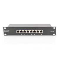 DIGITUS DN-91608S - CAT 6, Klasse E Patch Panel,geschirmt,8-Port RJ45 8P8C, LSA, 1HE, 254 mm(10")Rack Mount, schwarz